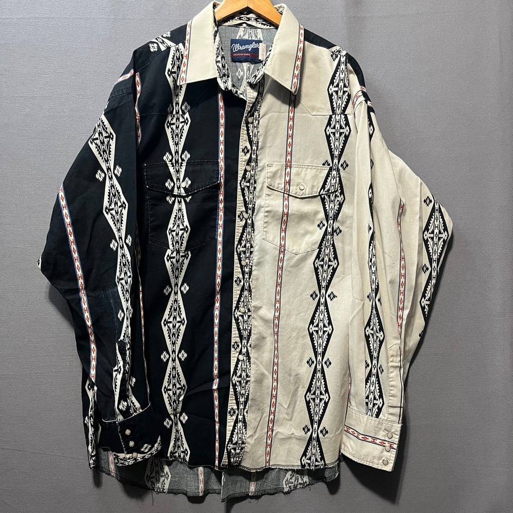 Wrangler Western Shirt Mens XL Black Cream Aztec Split Southwestern Snap Shirt